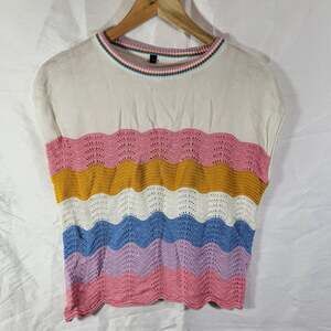 Boutique Cottagecore Grandmacore Rainbow Wavy Striped Pointelle Knit Short Sleev